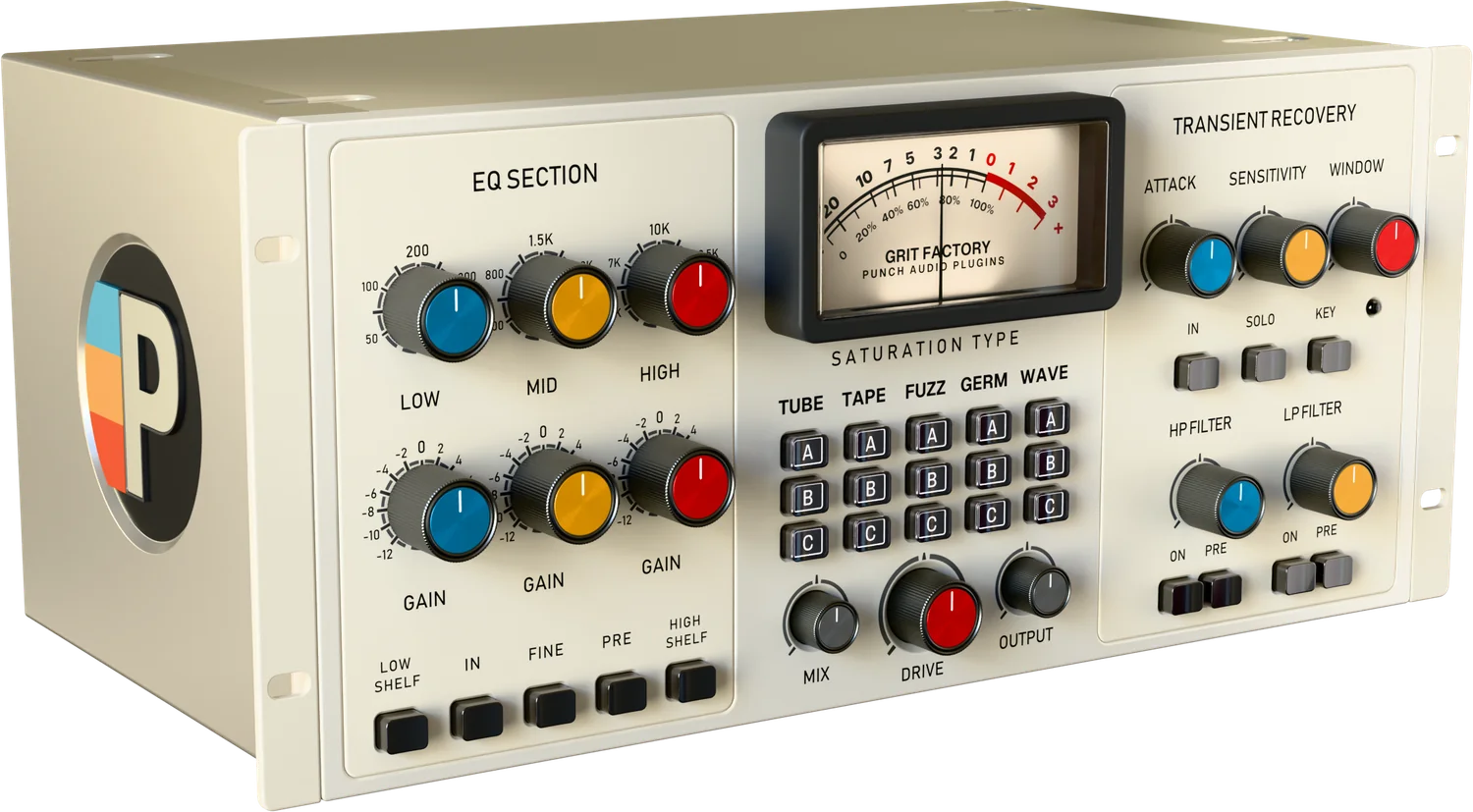 Grit Factory unit at an angle showing the Punch Audio side badge