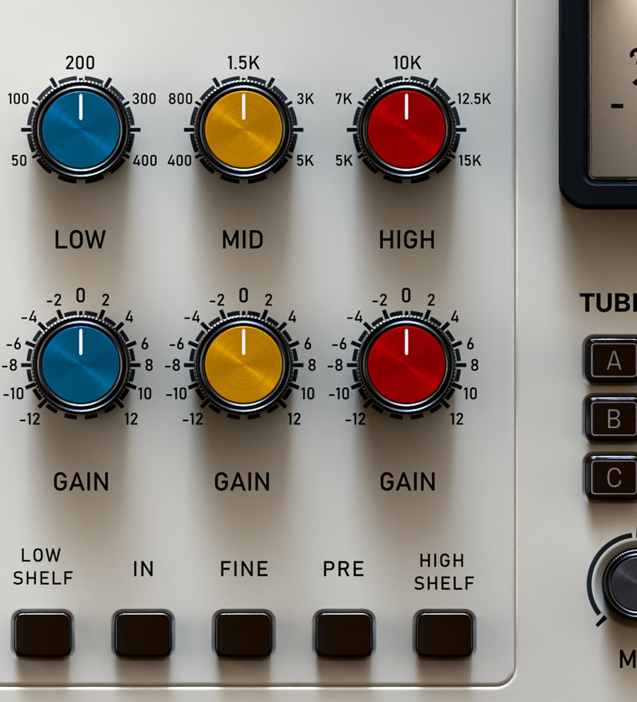 EQ section: Low, Mid, High frequency and gain knobs with shelf, in, fine and pre switches