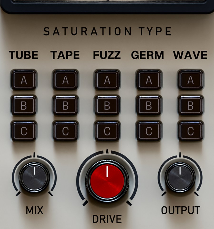 Saturation matrix: Tube, Tape, Fuzz, Germ, Wave with A/B/C voicings, Mix, Drive and Output knobs