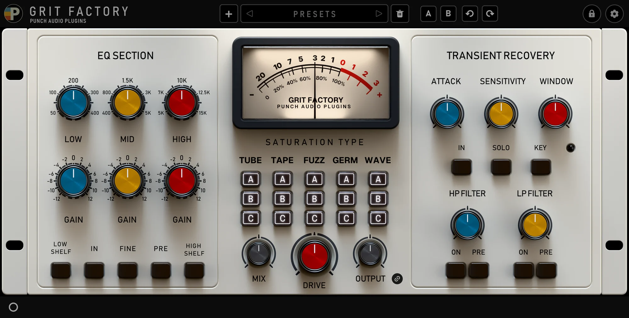 The full Grit Factory plugin window: preset bar, EQ section, VU meter, saturation matrix and transient recovery controls