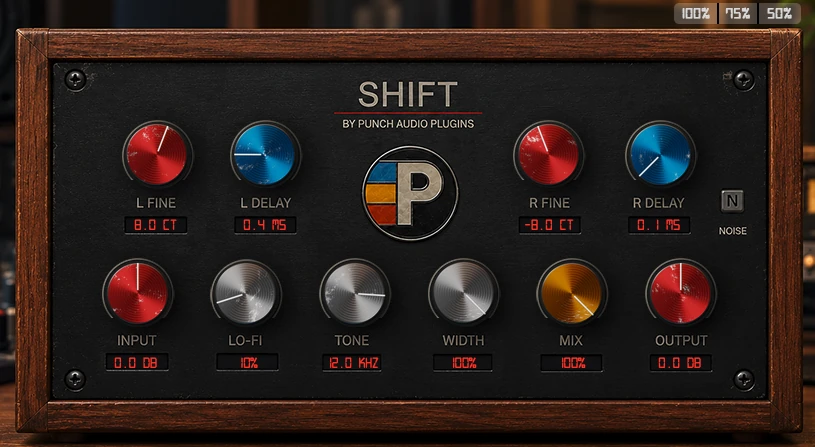 Shift plugin — a black panel in a walnut frame with ten colored knobs, red LCD readouts and the Punch Audio badge